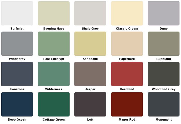 Colorbond Roofing Colour Chart